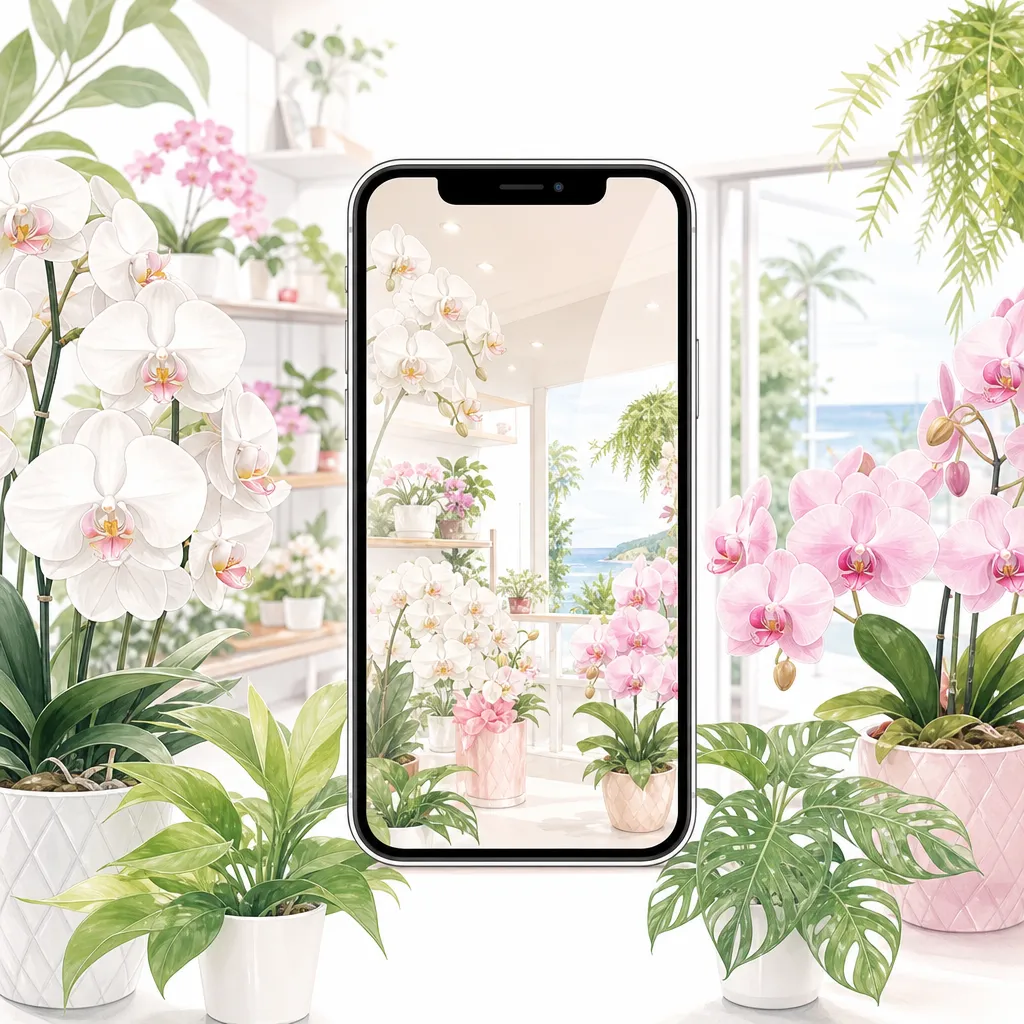 スマホに映る胡蝶蘭店のPR動画イメージ