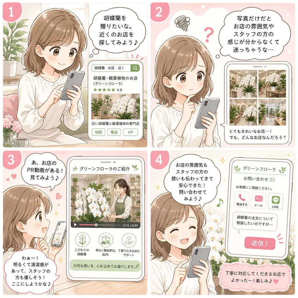 お客様が動画でお店の雰囲気を知って安心する4コマ漫画