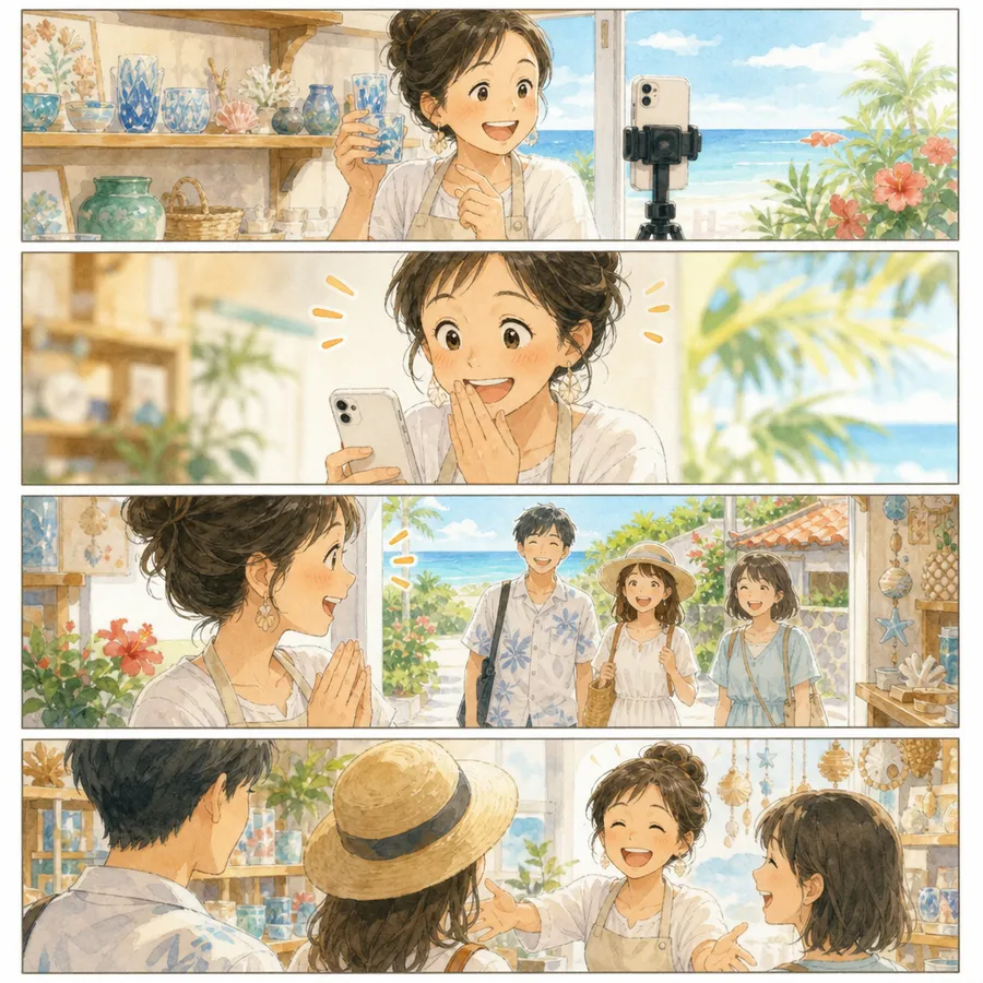 店主が無料PR動画を試して安心する4コマ漫画