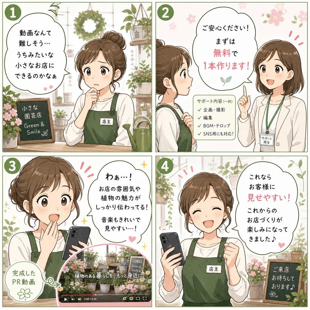 店主が無料PR動画を試して安心する4コマ漫画